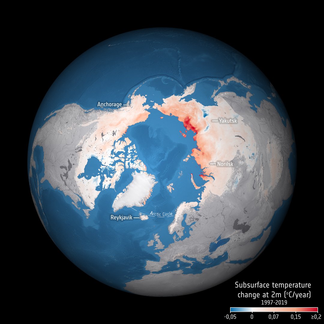 Northerm hemisphere subsurface temperature change at a depth of 2 m between 1997 and 2019.